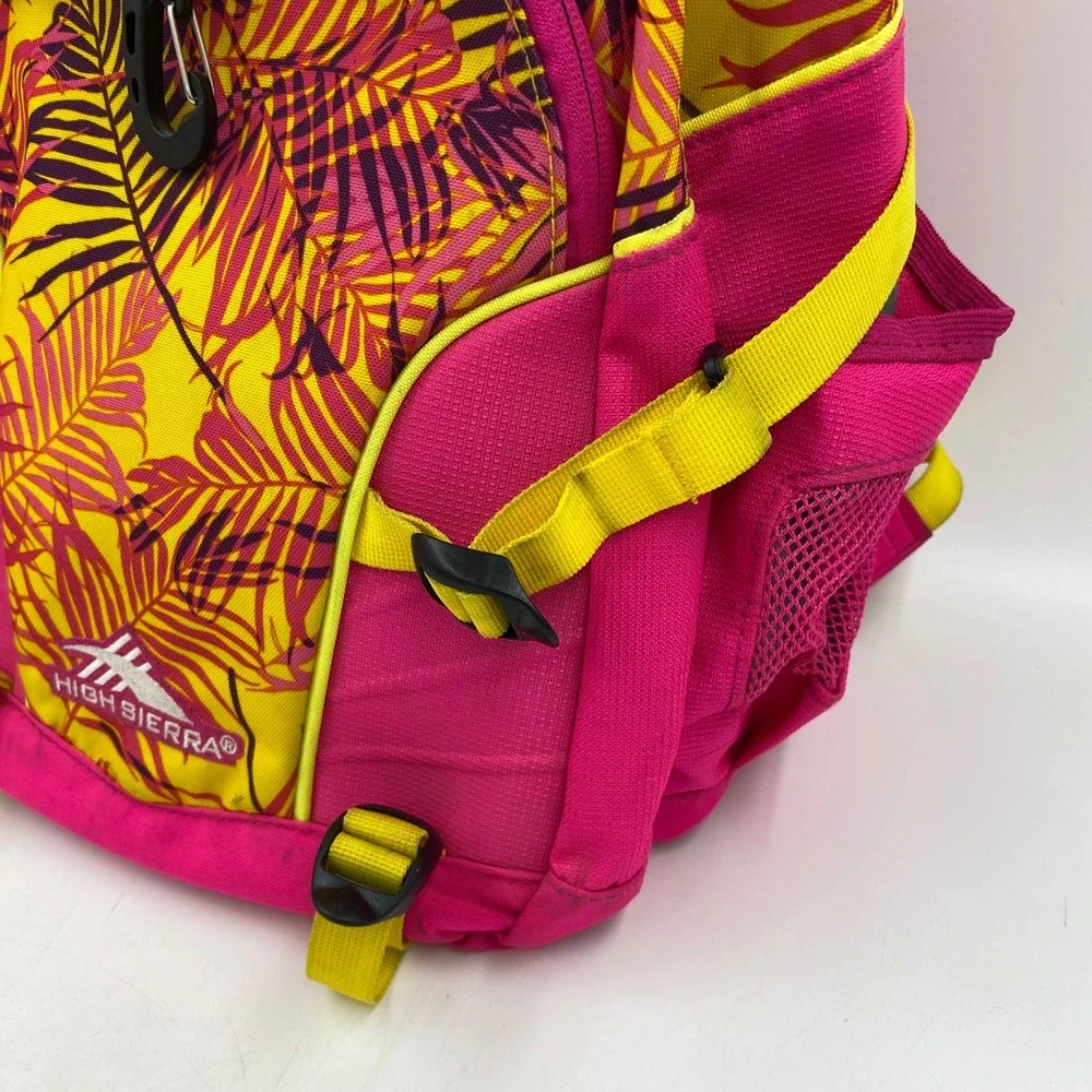 High Sierra Backpack Pink Yellow Tropical Palm Leaf Print Multi-Pocket 18in